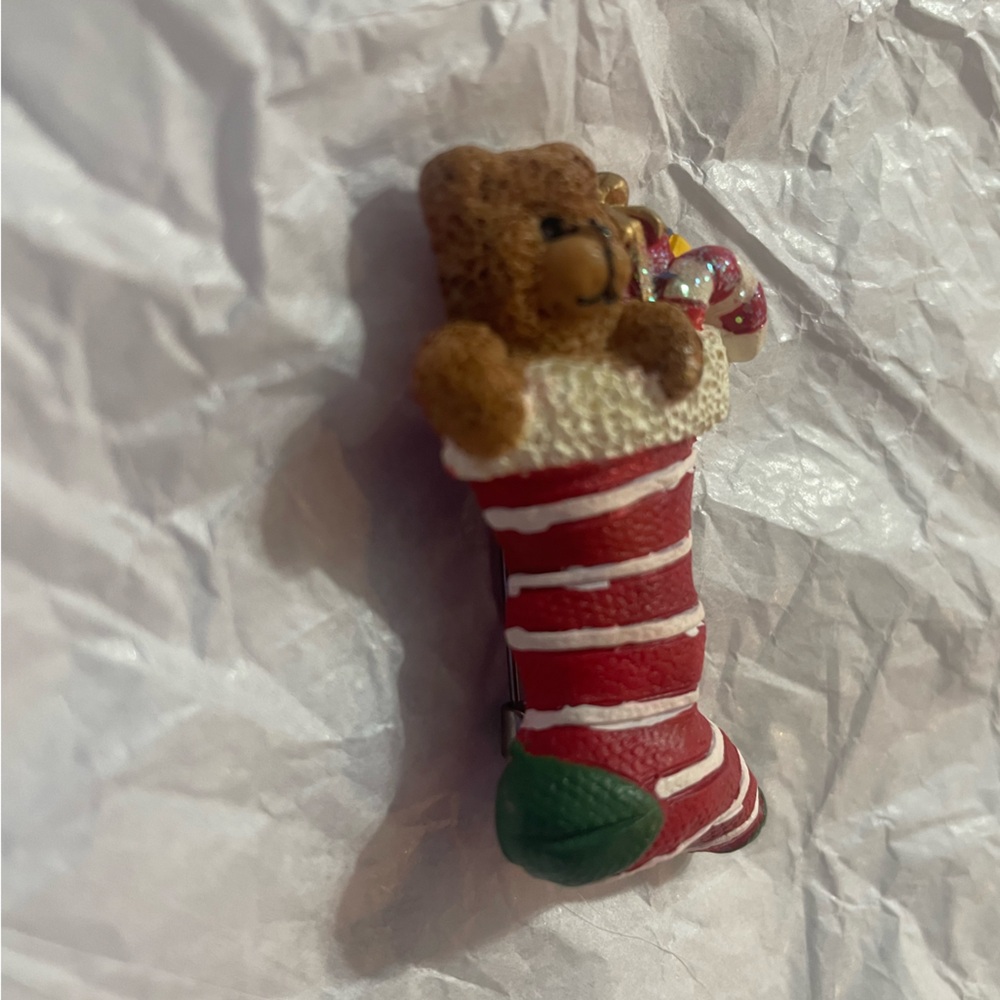 Vintage Festive Teddy Bear Christmas Stocking Brooch - Picture 2 of 3